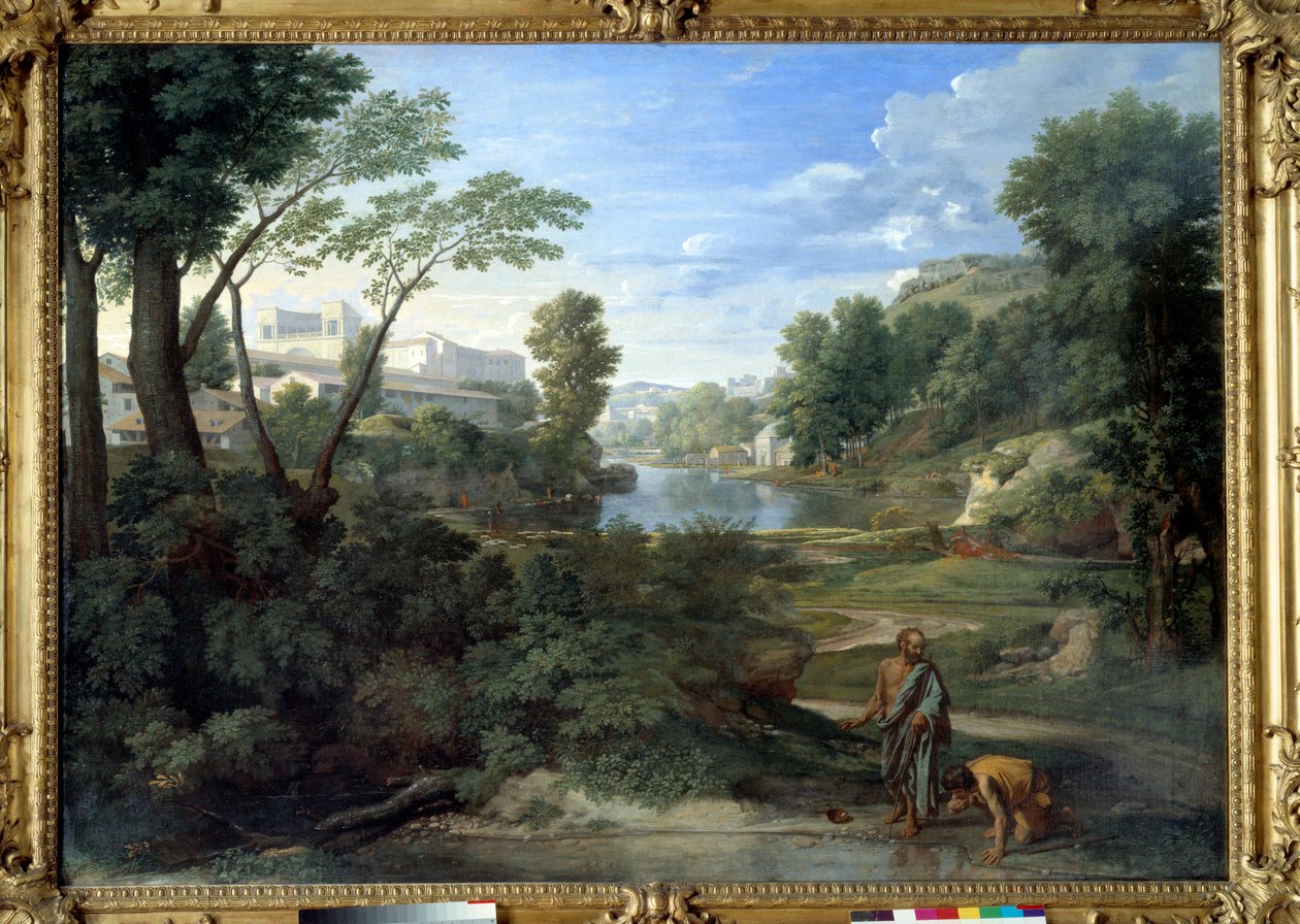 Diogene die zijn kom weggooit. Schilderij door Nicolas Poussin door Nicolas Poussin