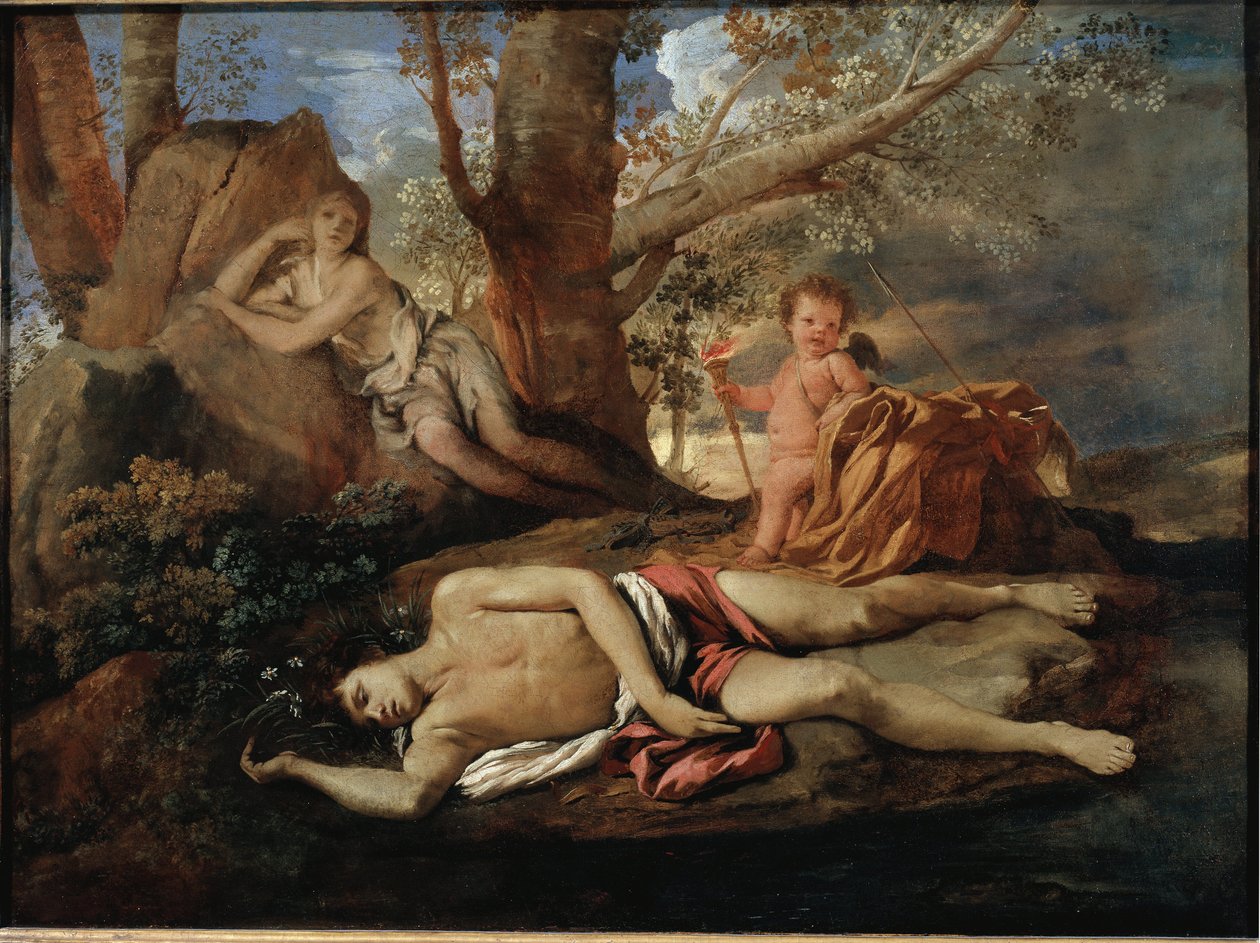 Echo en Narcissus illustratie voor de legende die Ovidius inspireerde in 