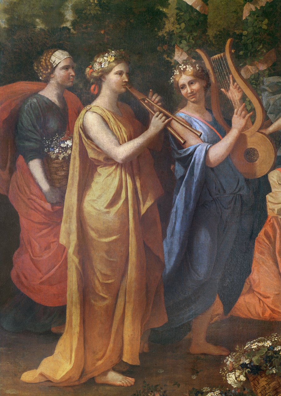 Hymenaios vermomd als vrouw tijdens een offer aan Priapus, detail van de muzikanten, c.1634-38 door Nicolas Poussin