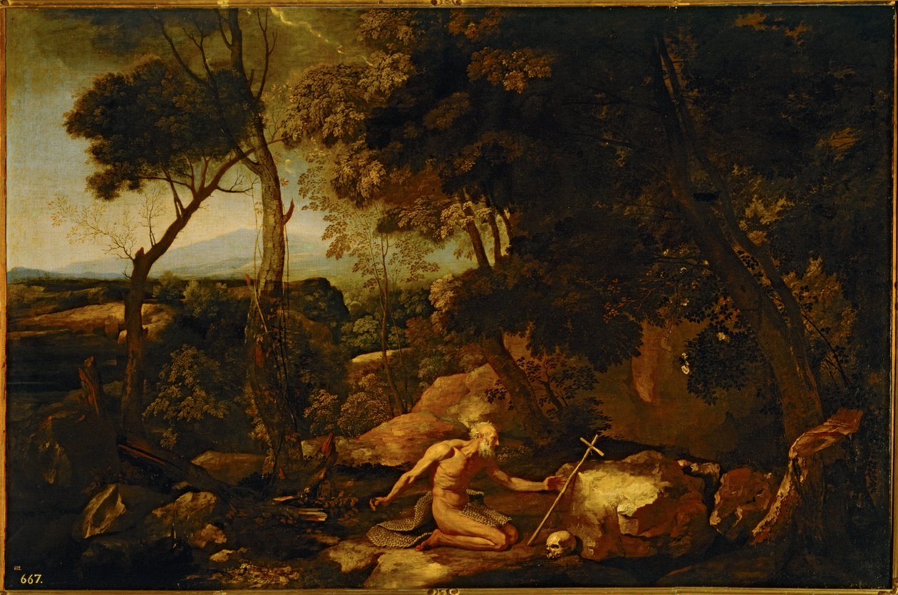 Landschap met de heilige Hiëronymus ... (schilderij op doek) door Nicolas Poussin
