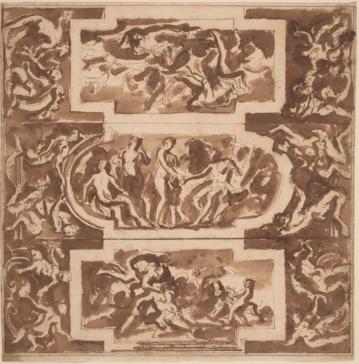 Modello voor een Plafond: Diana en de Dode Endymion, het Oordeel van Parijs, en de Dood van Adonis door Nicolas Poussin