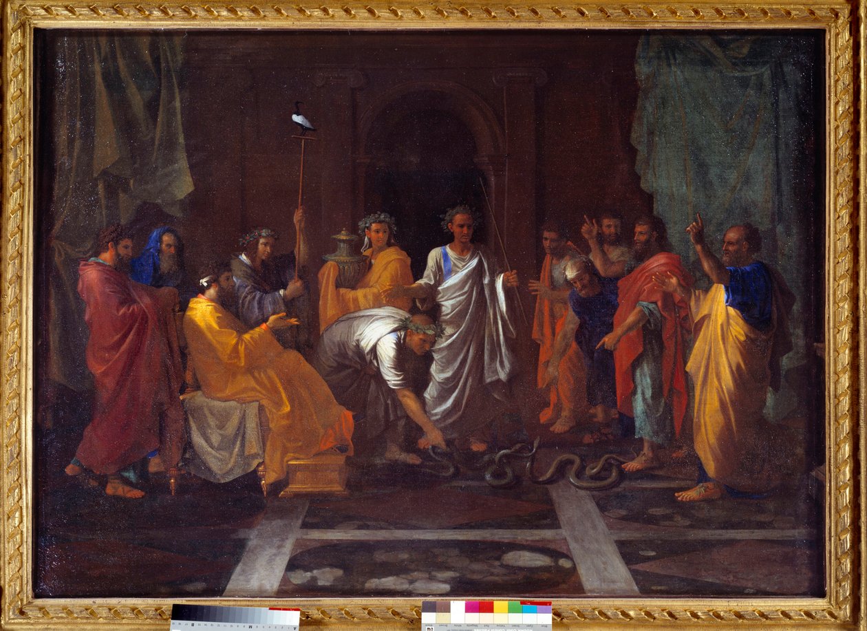 Mozes verandert Aarons staf in een slang door Nicolas Poussin