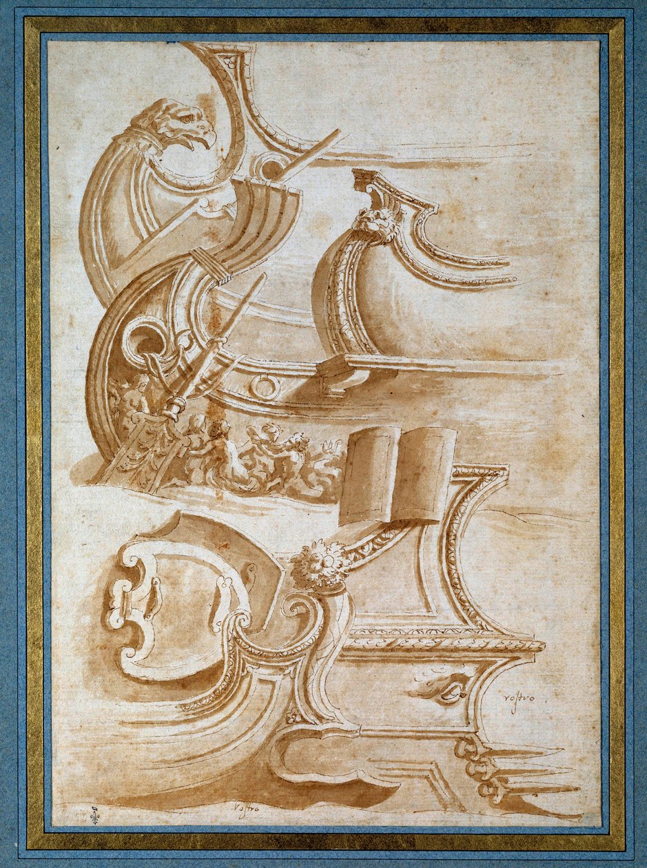 Boeg van het schip en schilden (naar Giulio Romano) door Nicolas Poussin