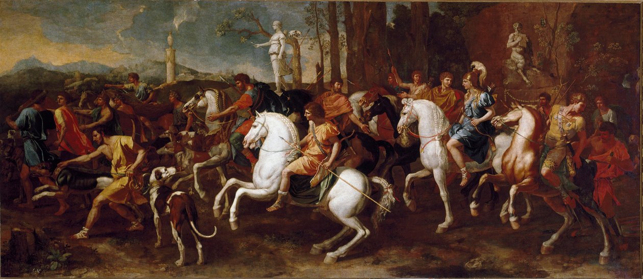 De jacht van Meleagre. Helden van de Griekse mythologie die beroemd is tijdens de jacht op het everzwijn van Calydon. Schilderij door Nicolas Poussin door Nicolas Poussin