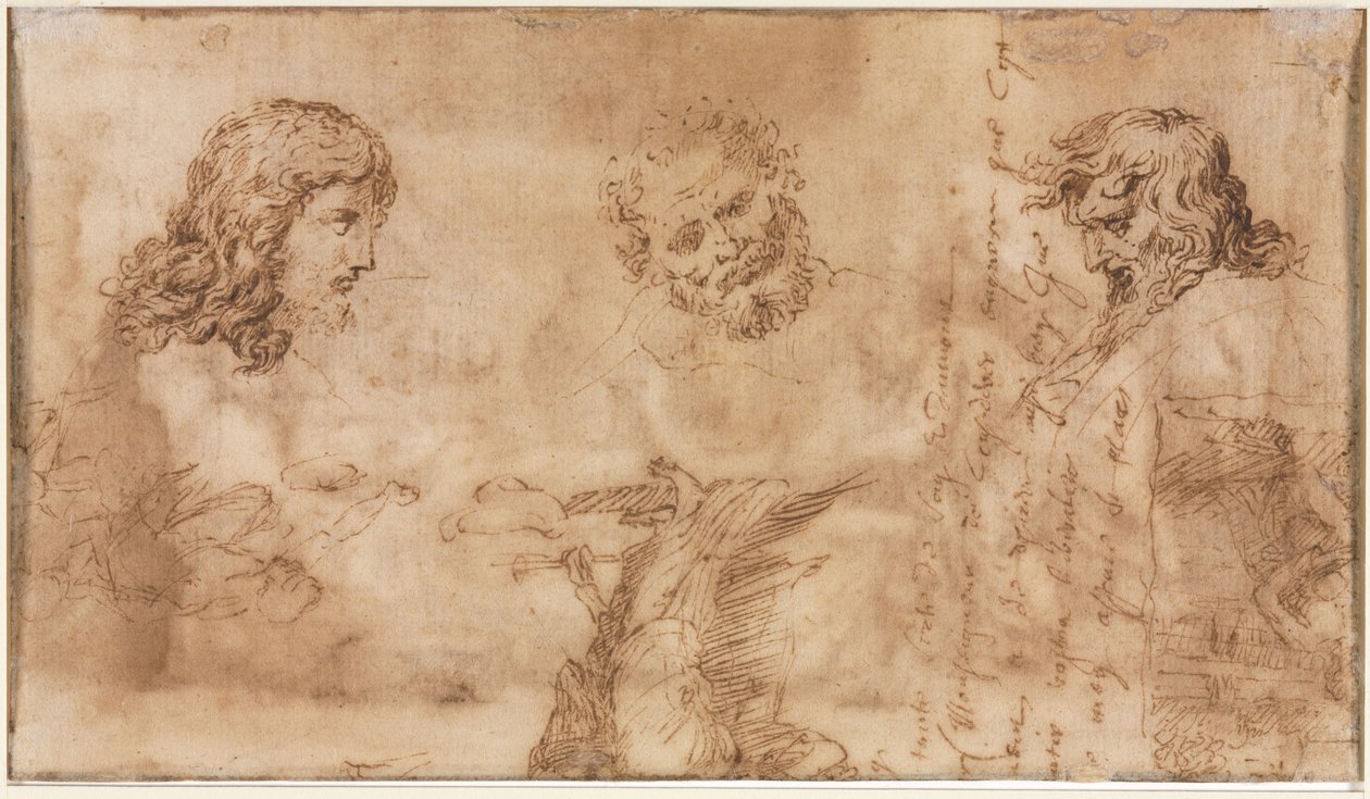 Drie hoofden en andere schetsen (verso) door Nicolas Poussin