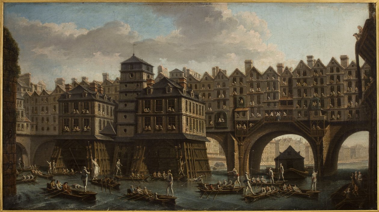 De schippersjoust, tussen de Pont Notre-Dame en de Pont au Change door Nicolas Raguenet