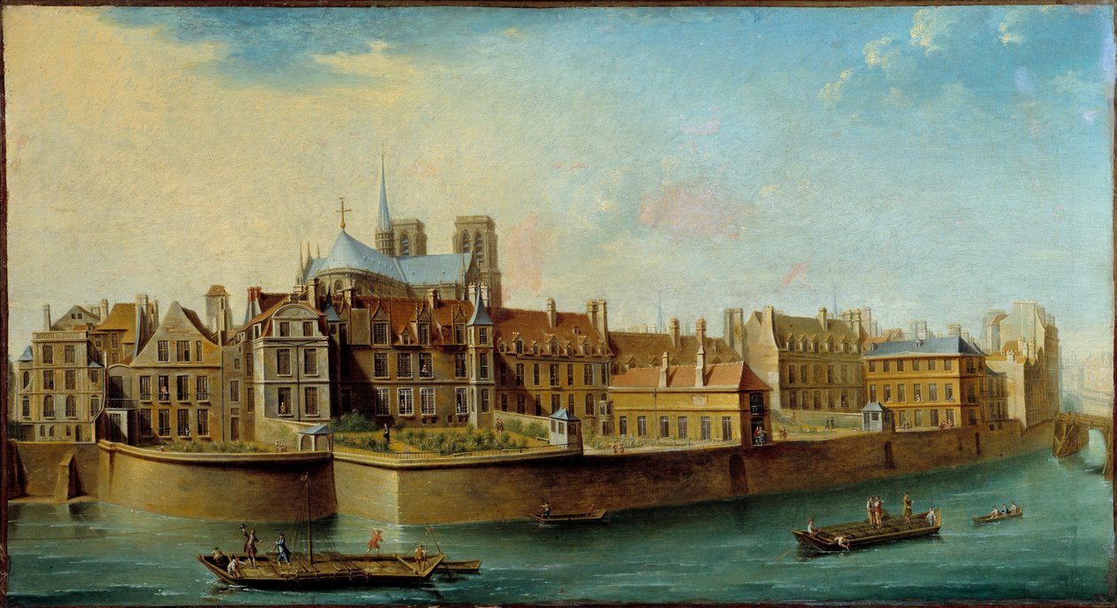 Zicht op het Île de la Cité met de apsis van de Notre Dame en de Quai aux Fleurs vanaf het Île Saint Louis in Parijs door Nicolas Raguenet