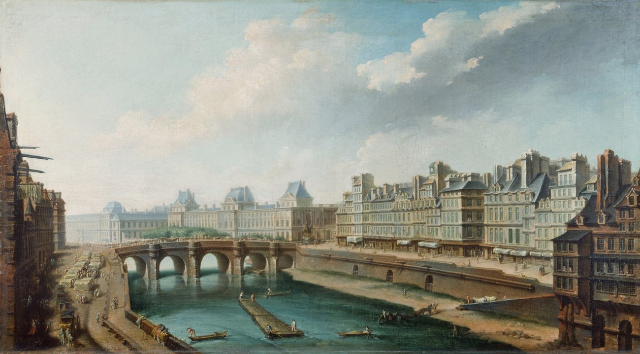 Uitzicht op het Louvre-paleis, de Pont Neuf en de Quai des Orfevres gezien vanaf de Quai des Grands Augustins, c.1760 (olie op doek) door Nicolas Raguenet