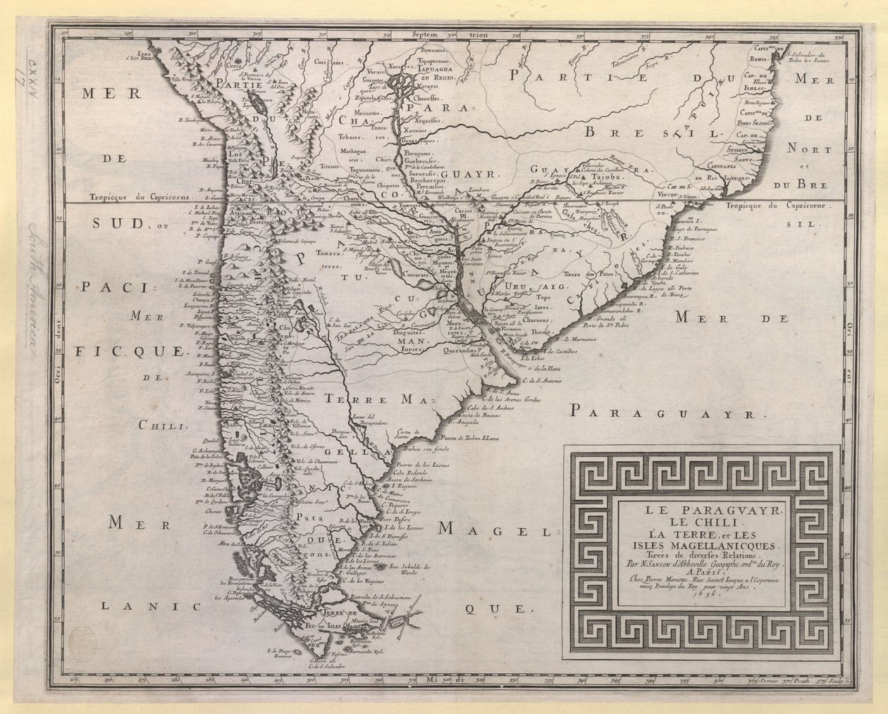 PARAGUAYR. CHILI. LA TERRE, et LES ISLES MAGELLANICQUES. Opgenomen uit verschillende Relaties / Door N. SANSON d