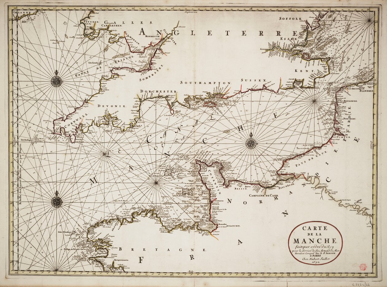 Kaart van het Engelse Kanaal en de Atlantische kusten van Zuid-Brittannië en Noord-Frankrijk door Nicolas Sanson D
