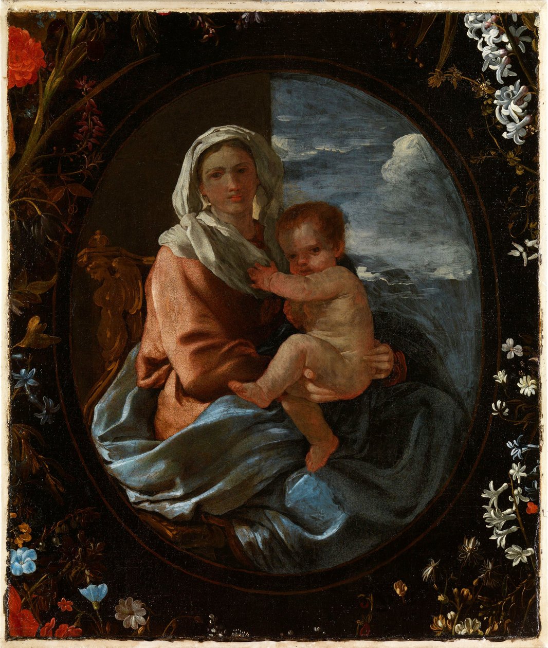 Maagd en kind in een bloemenkrans door Nicolas & Seghers Daniel (1590–1661) Poussin