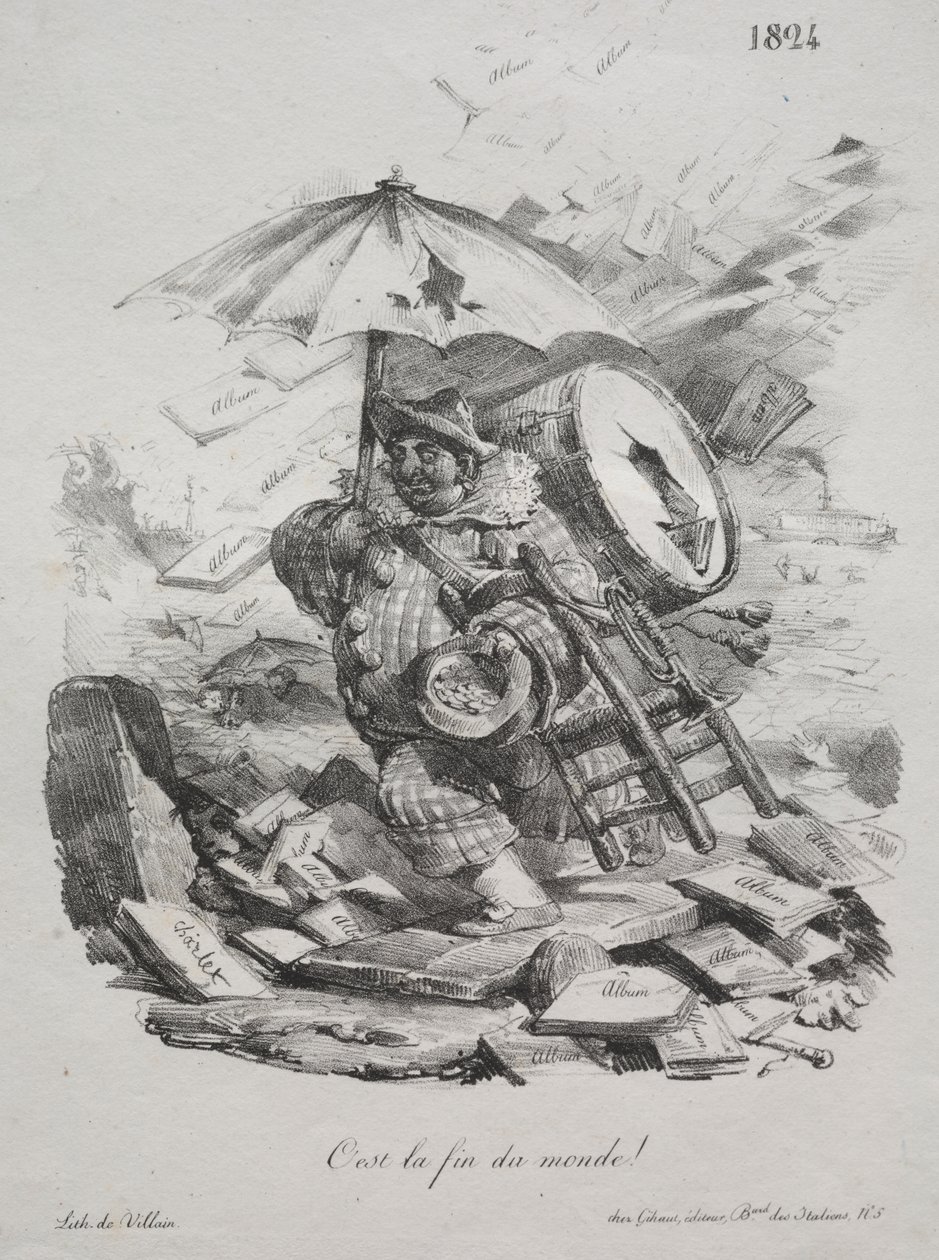 Lithografische Schetsen: Het is het Einde van de Wereld! (frontispice) door Nicolas Toussaint Charlet
