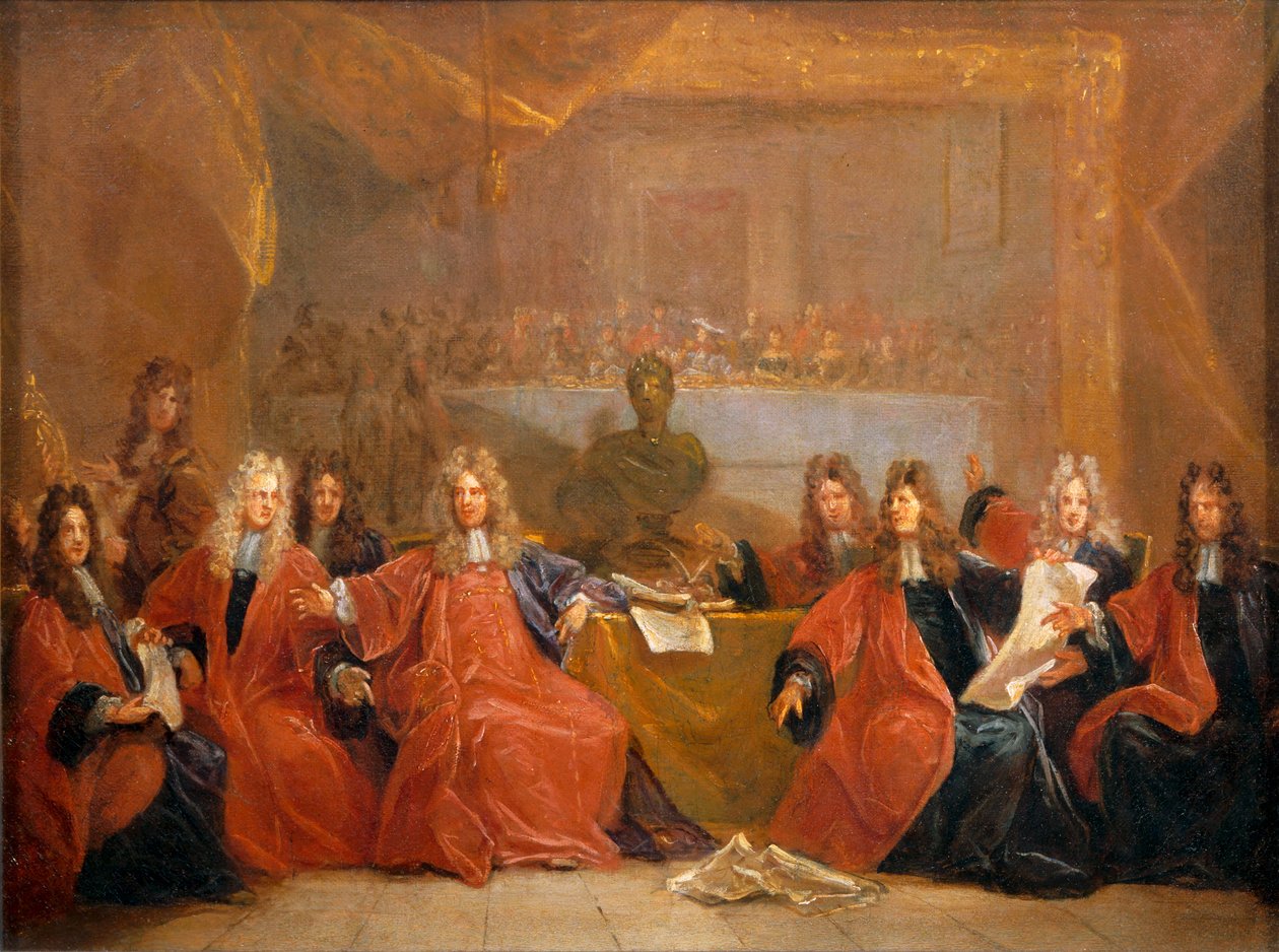 De reeve van de kooplieden en de raadsleden van de stad Parijs beraadslagen over de aanbieding van een feestmaal aan Lodewijk XIV ... door Nicolas de (workshop) Largilliere