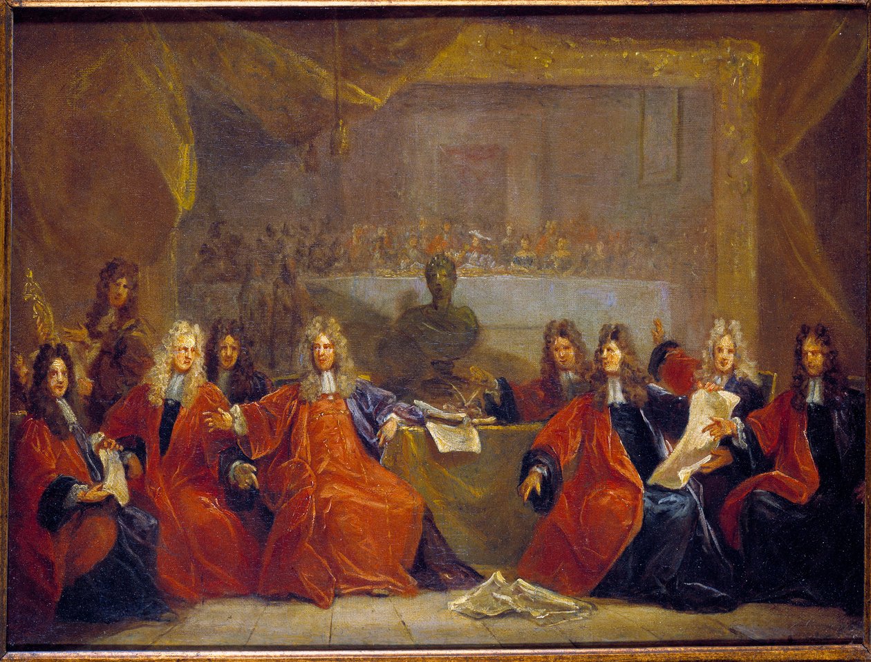 De provoost van de kooplieden en de schepenen van de stad Parijs beraadslagen over het feest voor Lodewijk XIV door Nicolas de Largillière