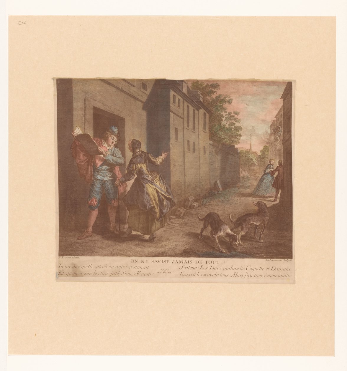 Straatgezicht met man met boek door Nicolas de Larmessin (III)
