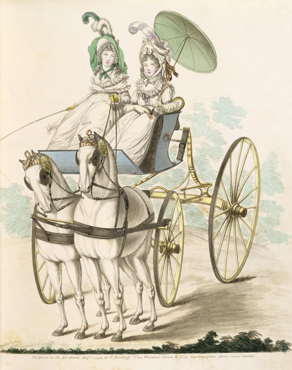 Twee dames, in negligé, maken een ritje in een phaeton, uit Nikolaus Heideloff