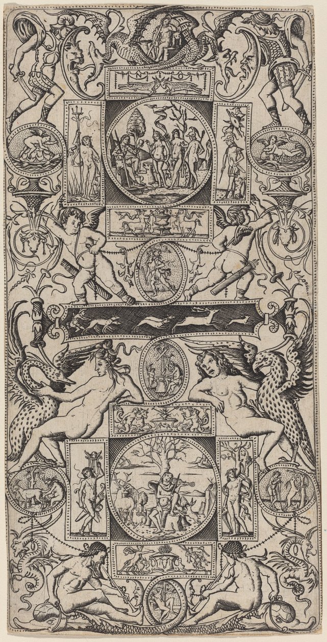 Ornamentpaneel met Orpheus en het oordeel van Parijs door Nicoletto da Modena