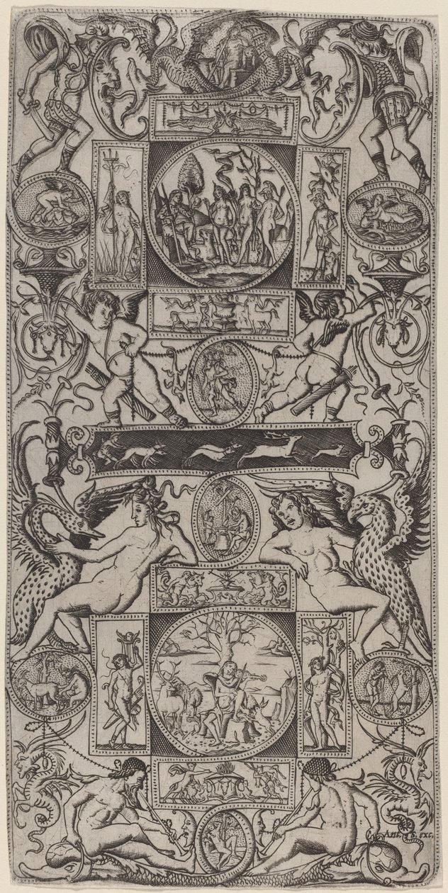 Ornamentpaneel met Orpheus en het Oordeel van Parijs door Nicoletto da Modena