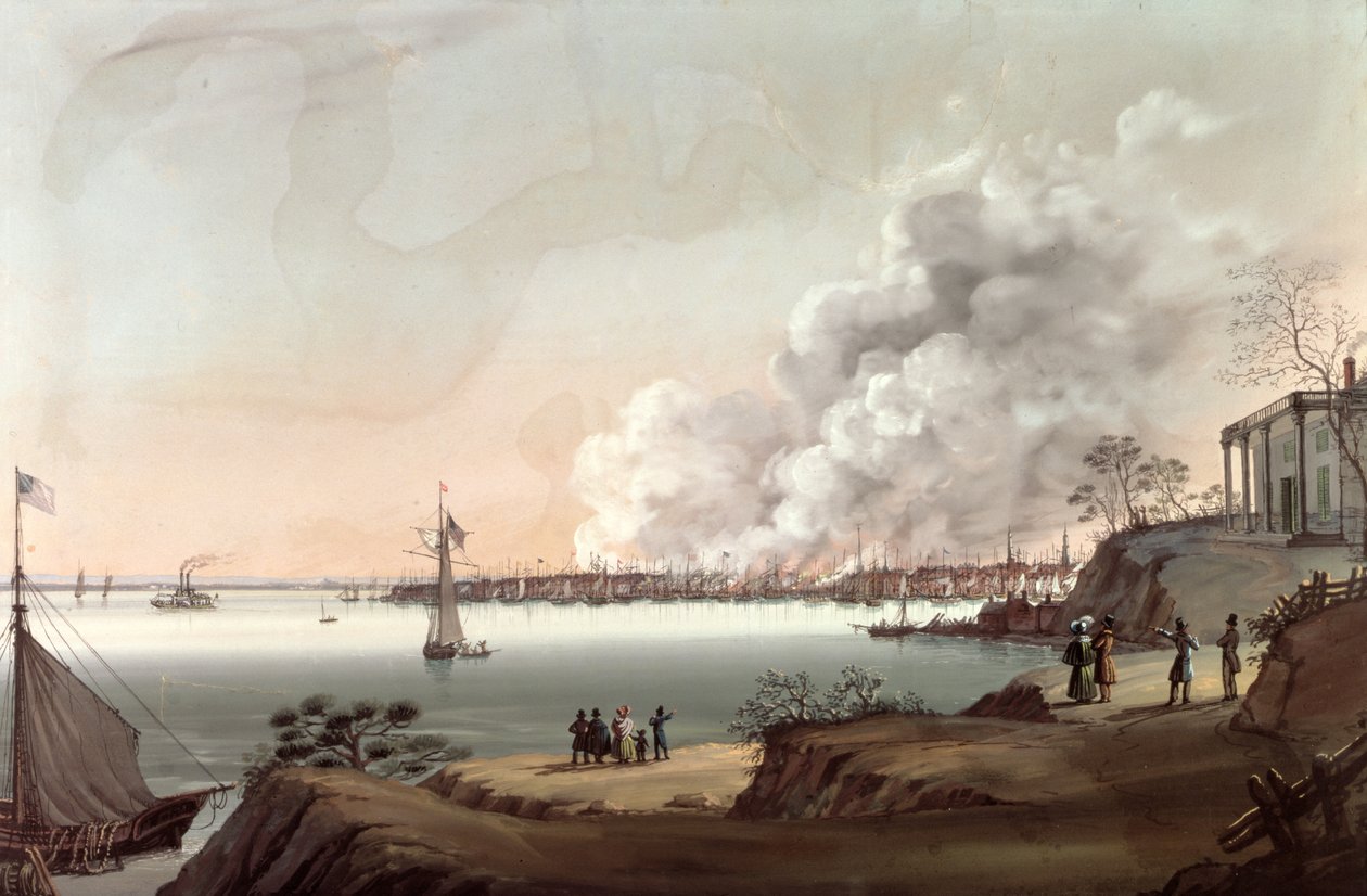 Uitzicht op New York na de grote brand genomen vanuit Brooklyn, 1835 door Nicolino Calyo