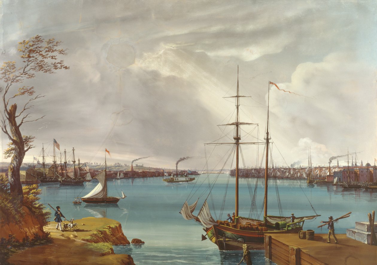 Uitzicht op New York, Brooklyn en de marinewerf vanaf de hoogten bij Williamsburg, c.1835-45 door Nicolino Calyo