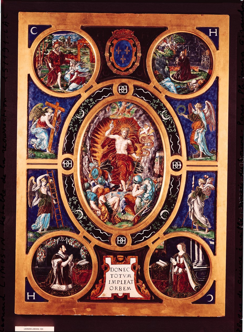 Altaarstuk van Sainte-Chapelle, met afbeelding van de Opstanding, geëmailleerd door Leonard Limosin, 1553 door Nicolo dell Abate