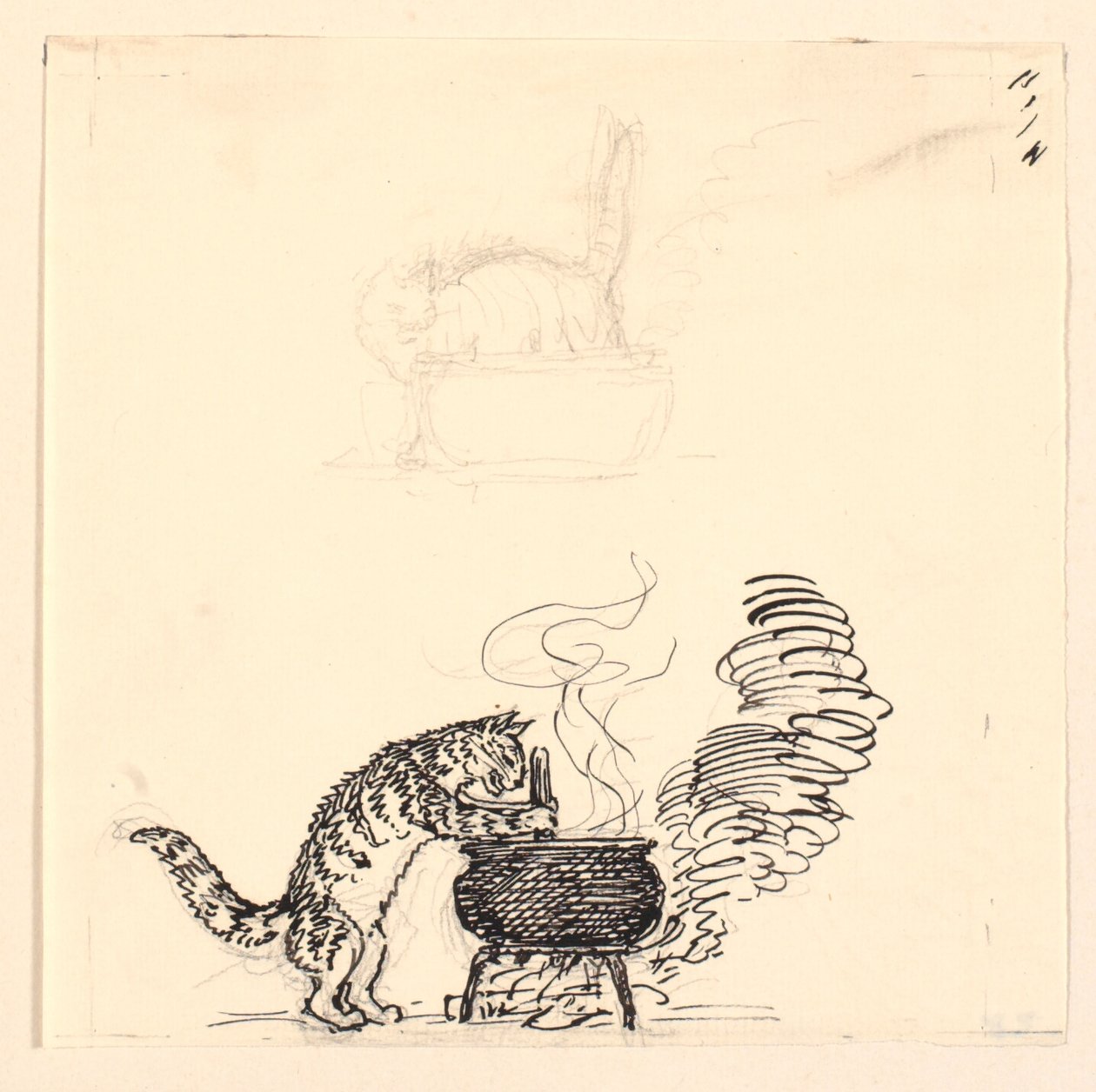 Illustratie voor "De Dikke Kat" en Schets door Niels Skovgaard