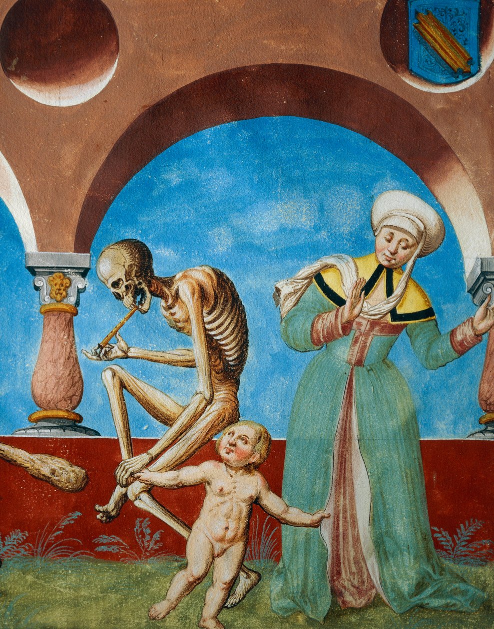 Dood trekt kind van moeder, detail van Dood, idioot en moeder met kind uit de Dans van de Dood-cyclus door Albrecht Kauw door Niklaus Manuel