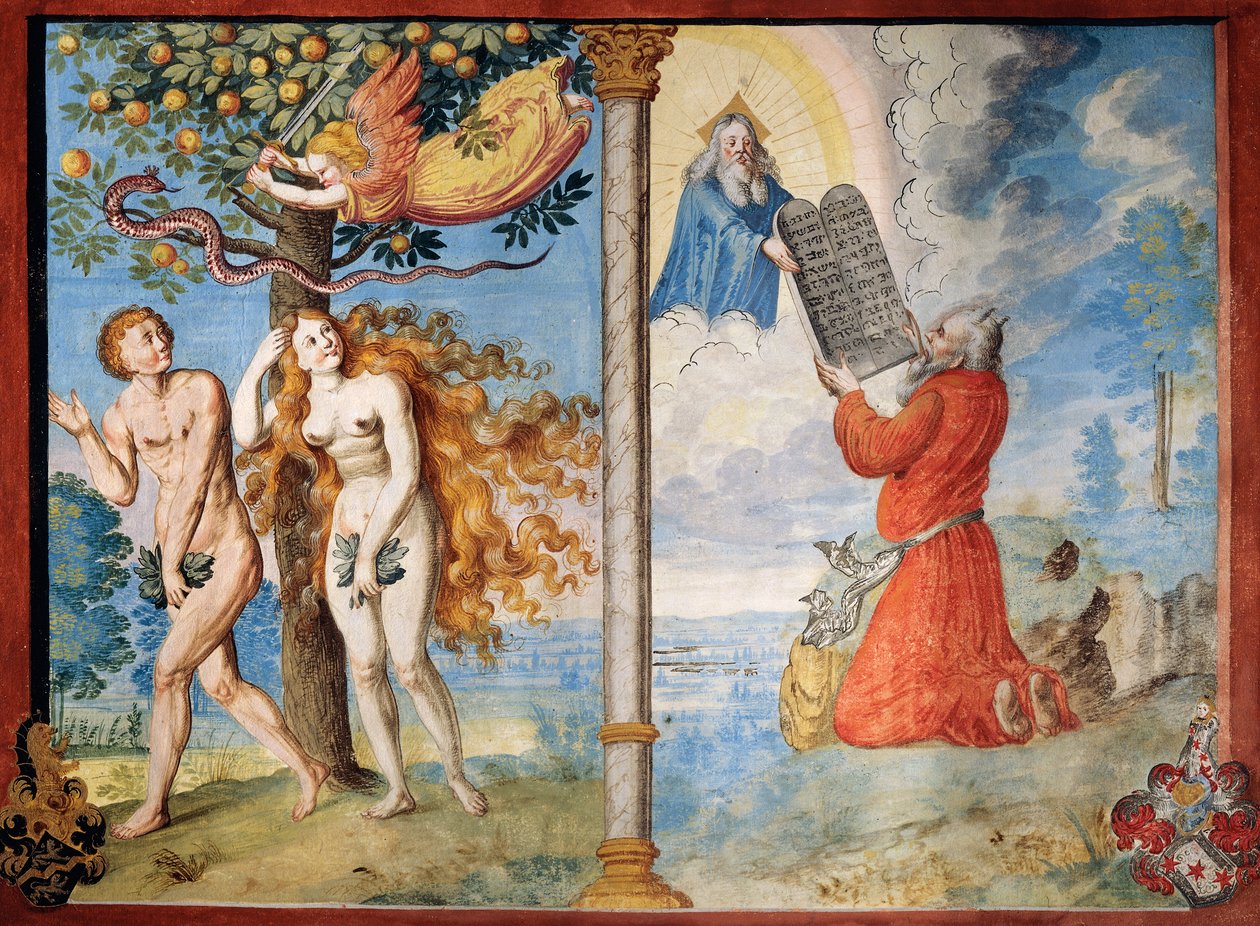Verdrijving van Adam en Eva uit Eden en Mozes ontvangt de Tafelen, uit de Dans van de Dood cyclus door Albrecht Kauw door Niklaus Manuel