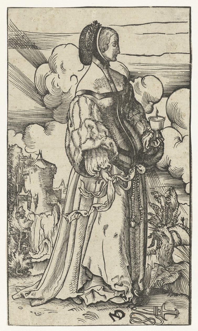 Wijze maagd met brandende olielamp in landschap door Niklaus Manuel Deutsch