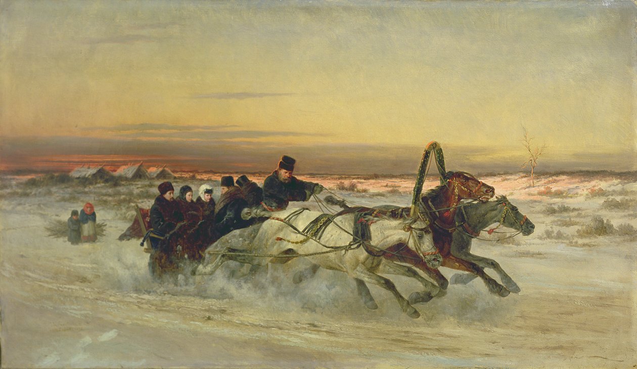 Een galopperende wintertrojka bij zonsopgang door Nikolai Egorevich Sverchkov