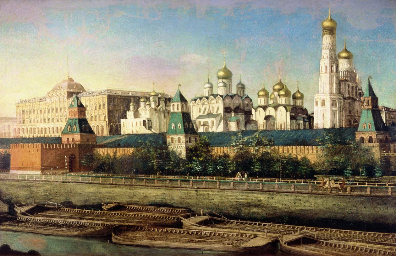 Uitzicht op het Kremlin van Moskou vanaf de oever door Nikolai Ivanov Podklutchnikov