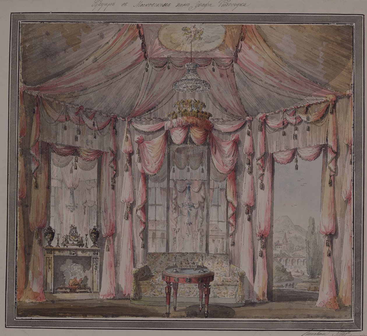 Interieurontwerp voor de boudoir in het huis van graaf Bezborodko in Moskou, 1790s door Nikolai Alexandrovich Lvov