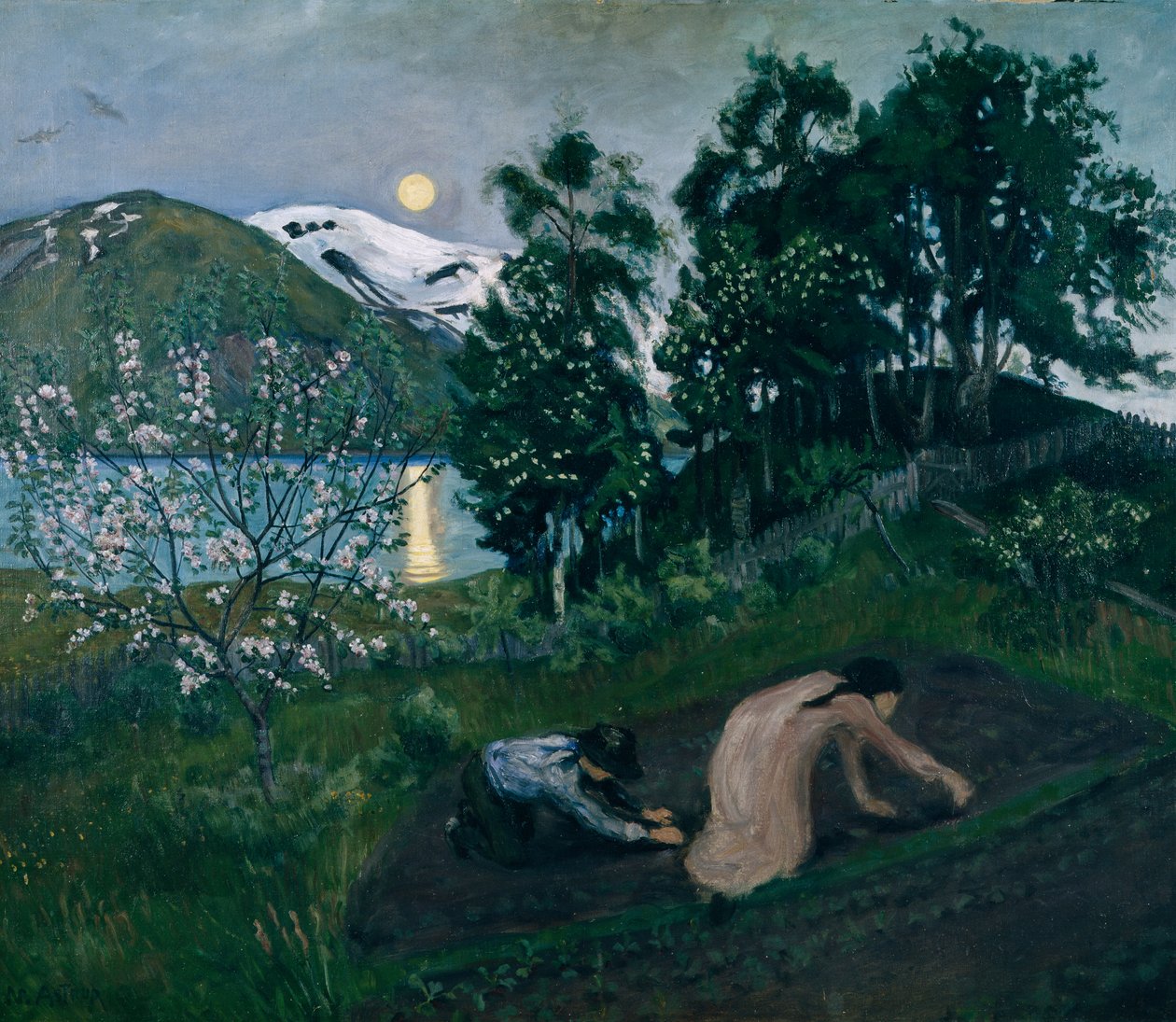 Lentenacht in de tuin, Nachtwerk in de tuin door Nikolai Astrup