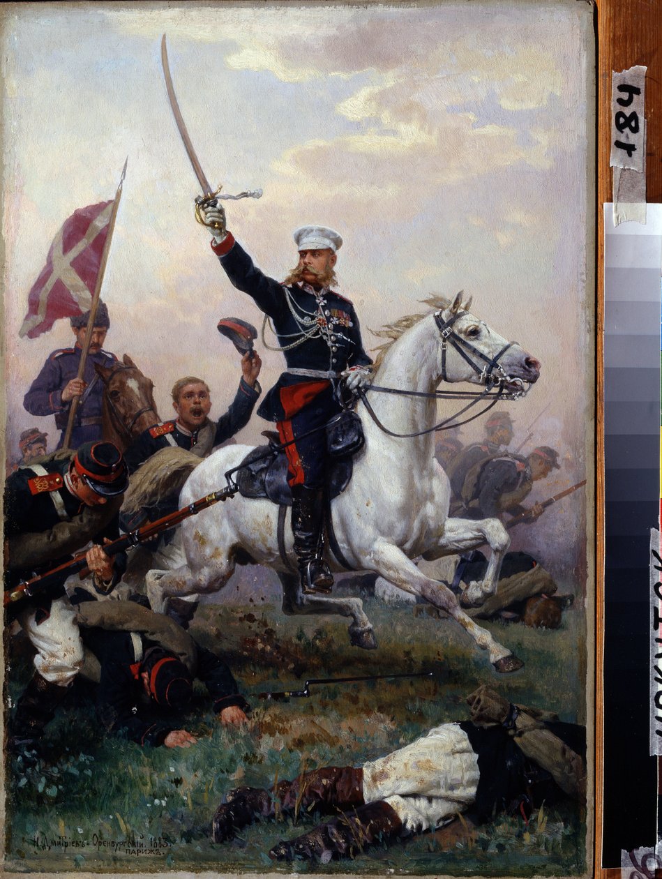 Russisch-Turkse oorlog (1877-1878): Generaal Mikhail F. Skobelev te paard tijdens de slag bij de Shipka-pas in 1877 door Nikolai Dmitrievich Dmitriev Orenburgsky