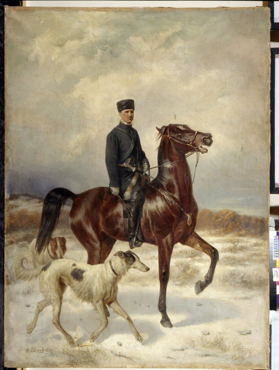 De jager te paard met zijn Barzoi-honden door Nikolai Egorevich Sverchkov