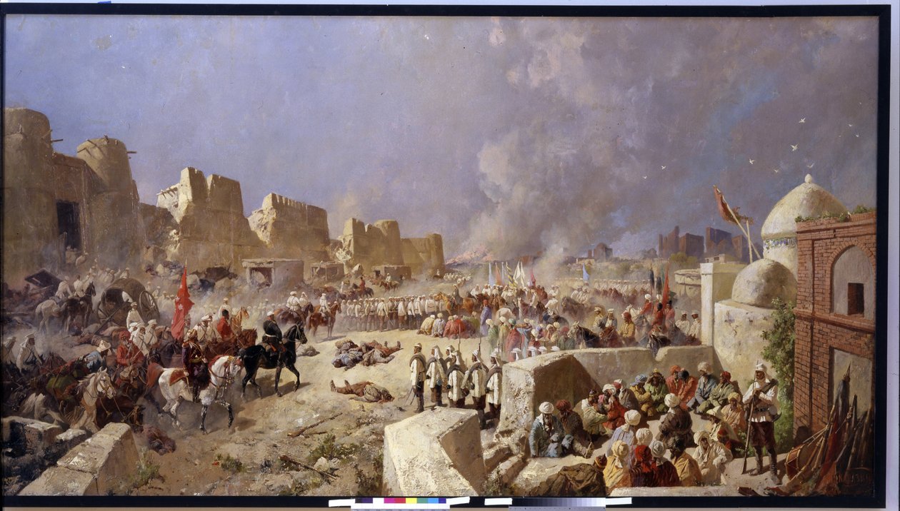 Het Russische leger valt Samarkand binnen (Oezbekistan). Periode van de Russische expansie naar Centraal-Azië, de Russen nemen Samarkand in 1868. door Nikolai Nikolayevich Karasin