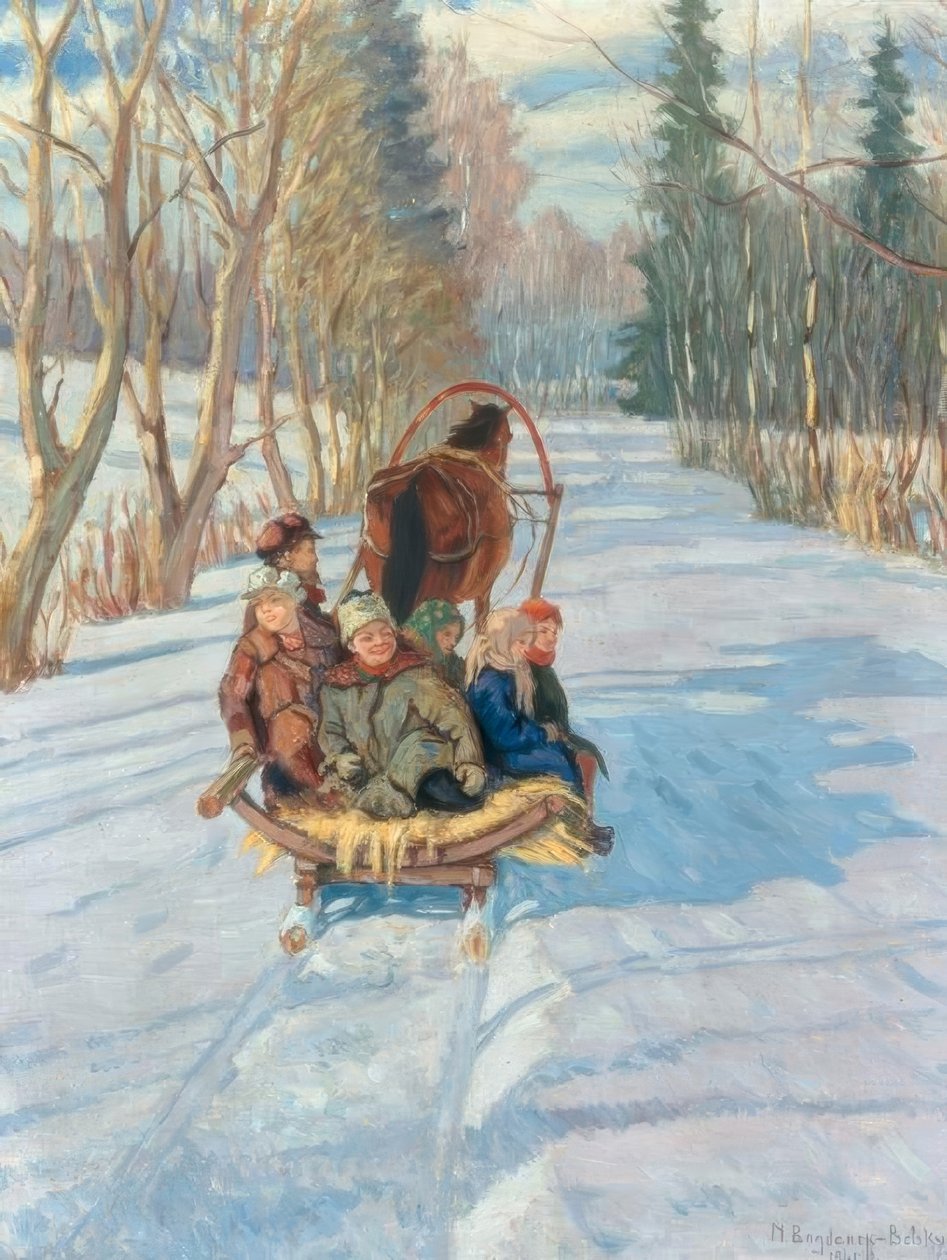 Kinderen op een paardenslee door Nikolai P. Bogdanow Bjelski