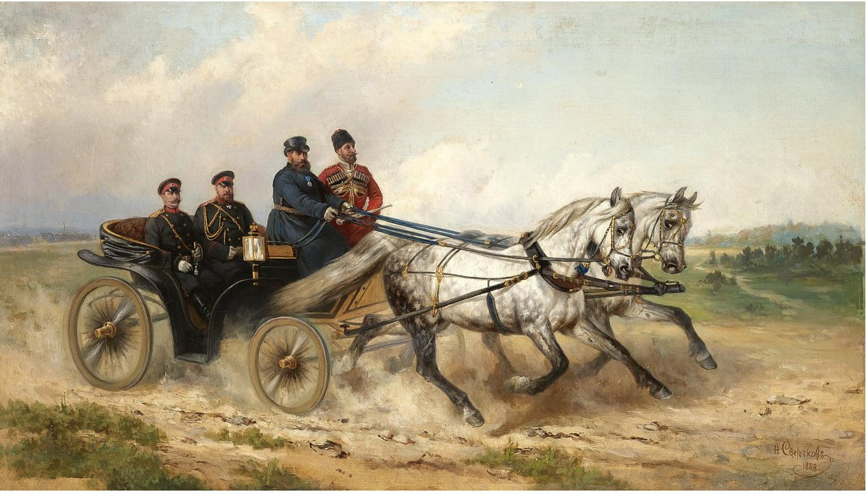 Tsaar Alexander III en keizer Wilhelm II in een landauer, 1888 door Nikolai Yegorovich Sverchkov