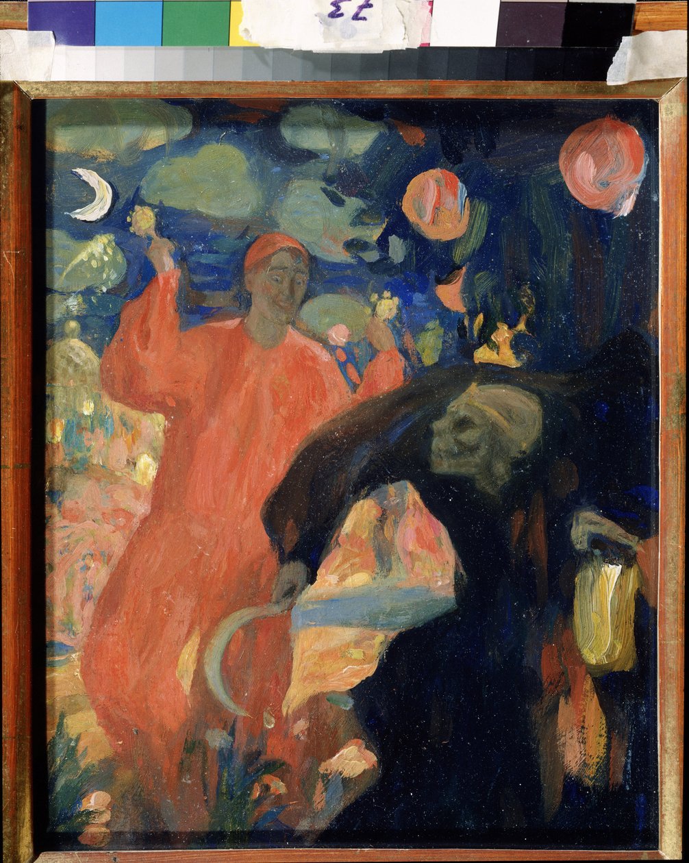Ter nagedachtenis aan Nikolai Sapunov. De dood personifieerd buigt en vlucht voor een glimlachende figuur van het leven, zwaaiend met maracas. door Nikolaj Nikolaevic Sapunov