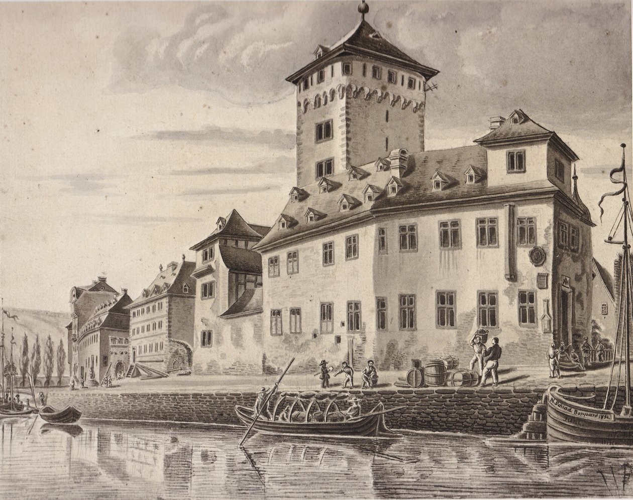 Kasteel - Rijnfront van het keurvorstelijk kasteel van Boppard rond 1854 door Nikolaus Schlad