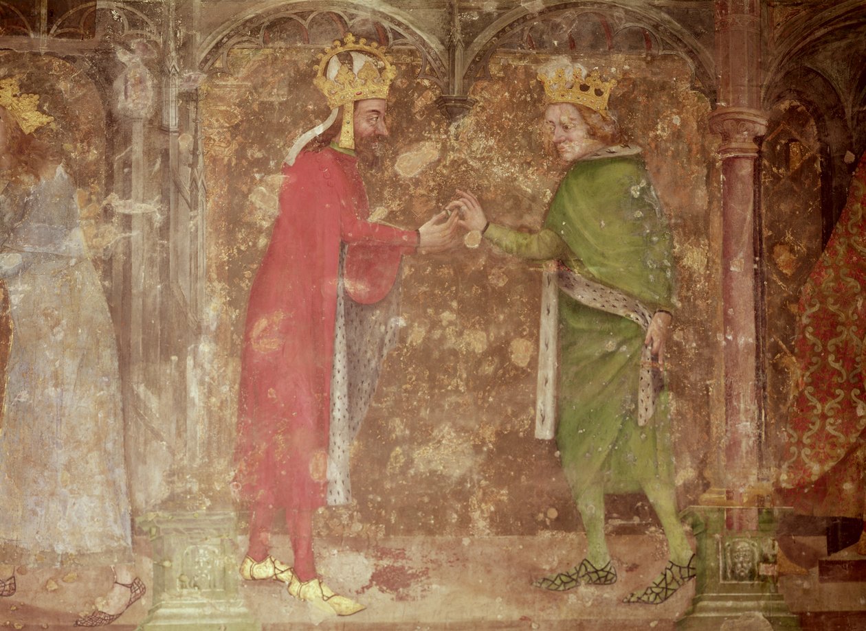 De Heilige Roomse Keizer Karel IV ontvangt een doorn van de kroon van Christus van de Franse koning, Jean II, uit de kapel van Onze Lieve Vrouw, 1357-60 door Nikolaus Wurmser
