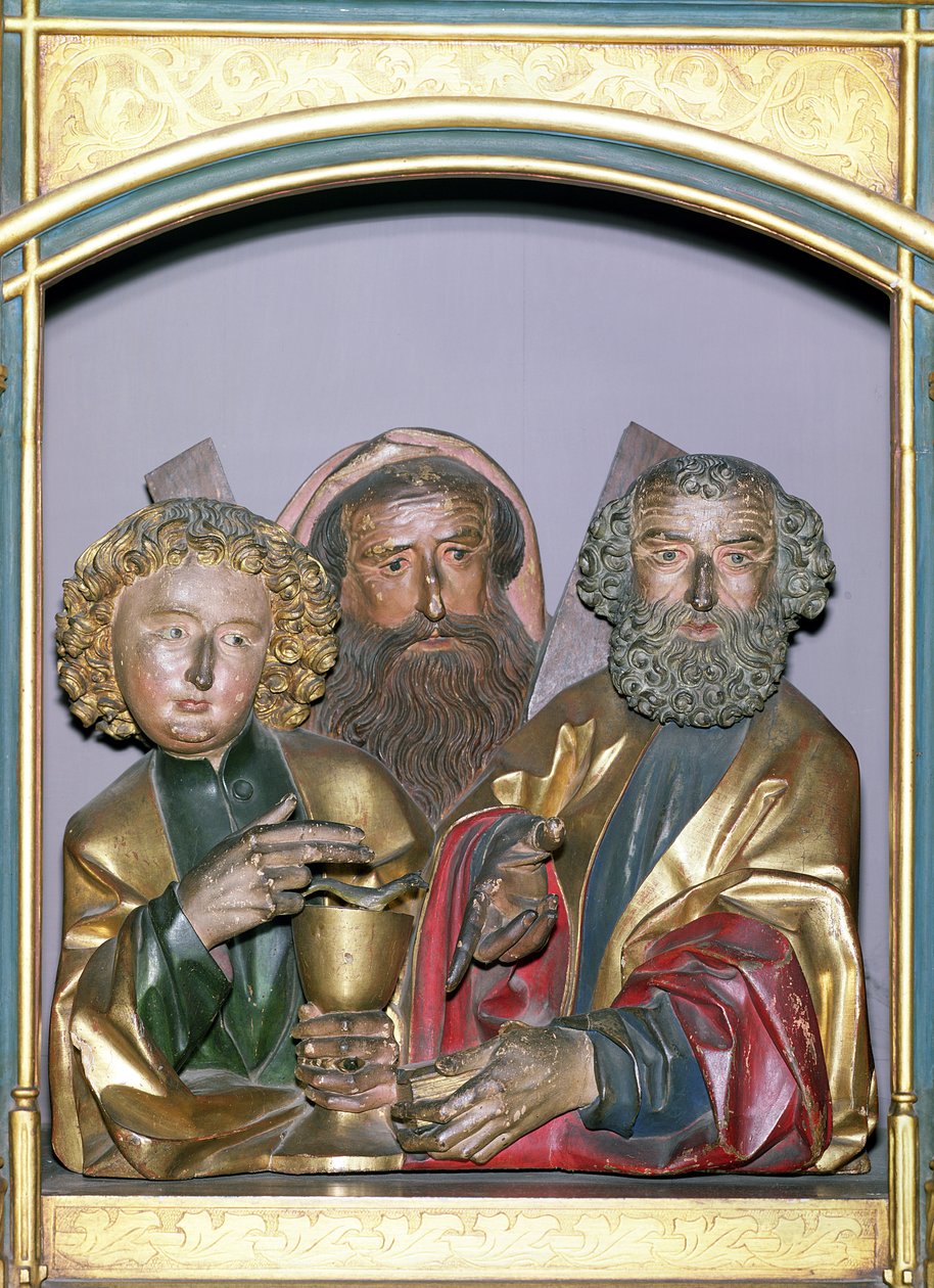 Houten beeldhouwwerken van SS. Johannes, Andreas en Petrus, van de predella van het Isenheim Altaarstuk, c.1490 door Nikolaus Hagenauer