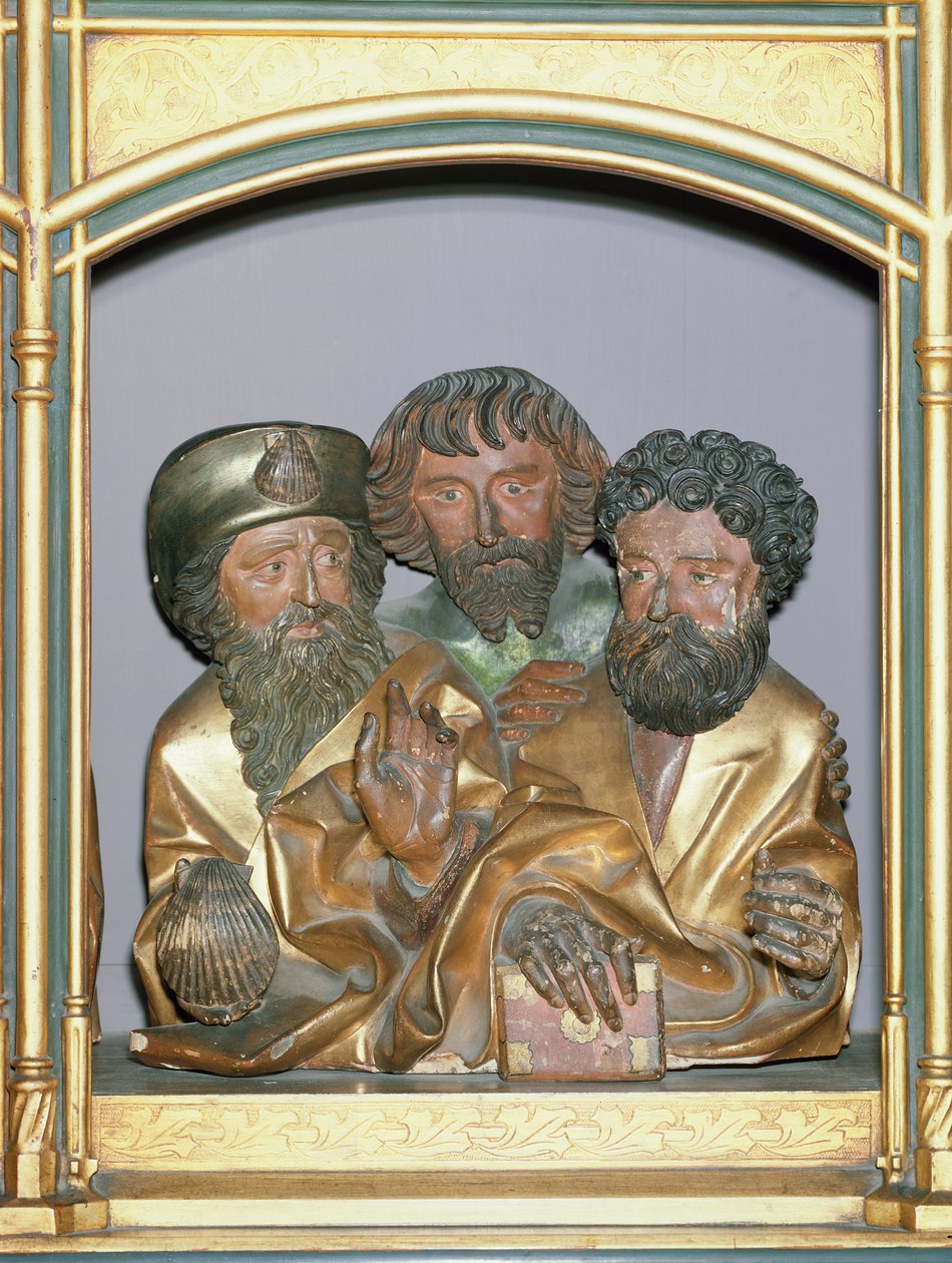 Houten houtsnijwerken van St. Jacobus de Meerdere, St. Simon en St. Thaddeus, van de predella van het Isenheim Altaarstuk, c.1490 door Nikolaus Hagenauer