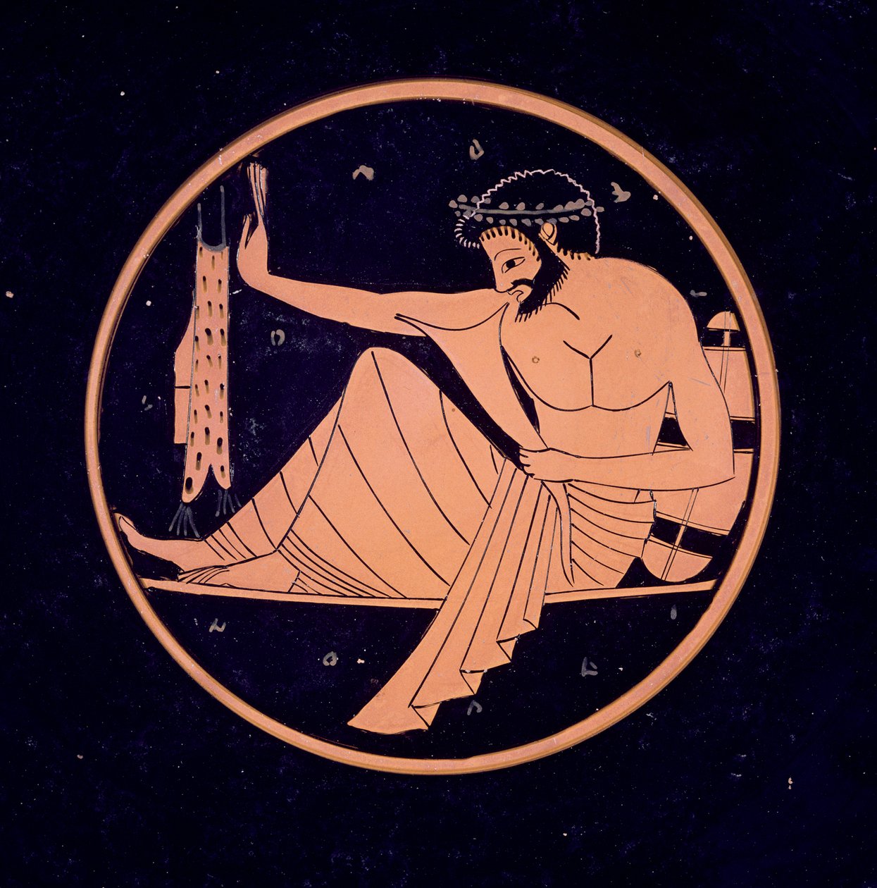 Attische roodfigurige beker, met een banketter met drinkhoorn, 520-510 v.Chr. (klei) door Nikosthenes