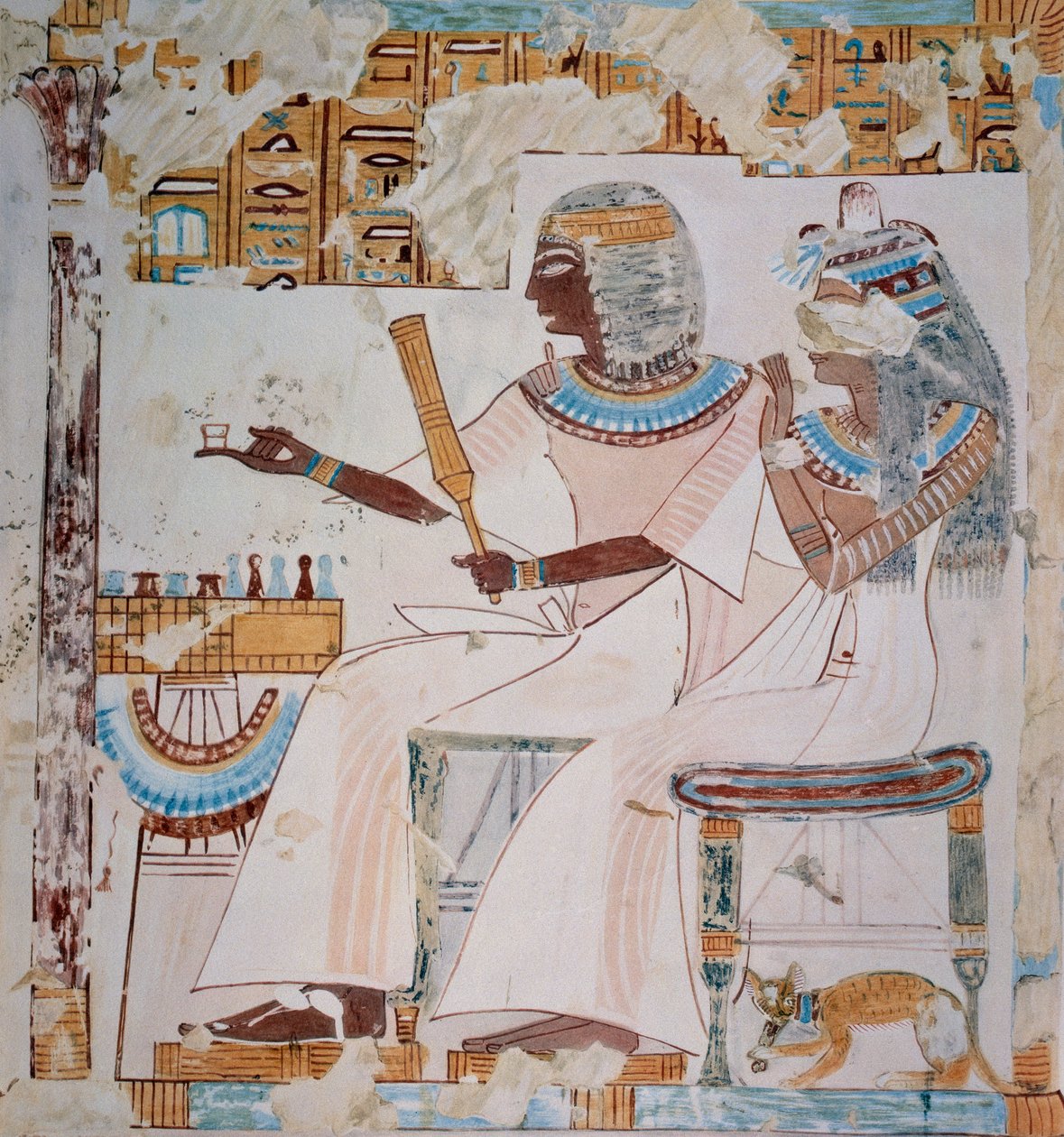 Neferrompet en zijn vrouw spelen schaak, kopie van fresco uit het graf van Neferrompet, Thebe, daterend uit de regeerperiode van Ramesses II, plaat uit Ancient Egyptian Paintings, door Nina Davies door Nina de Garis Davies