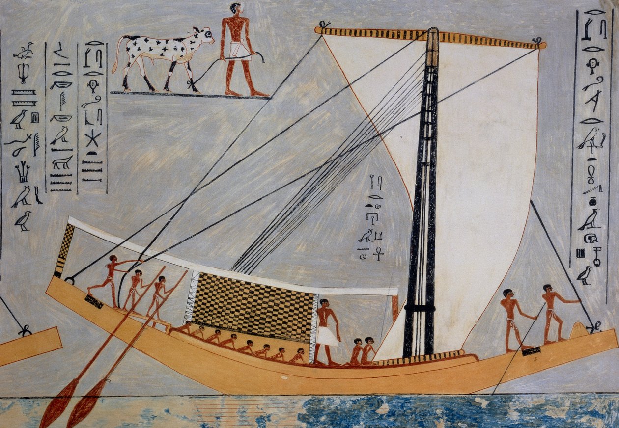 Zeilboot en roeispanen, kopie van fresco uit Graf van Kaemronkh VI, Gizeh, 4e dynastie, plaat uit Ancient Egyptian Paintings, door Nina Davies door Nina de Garis Davies