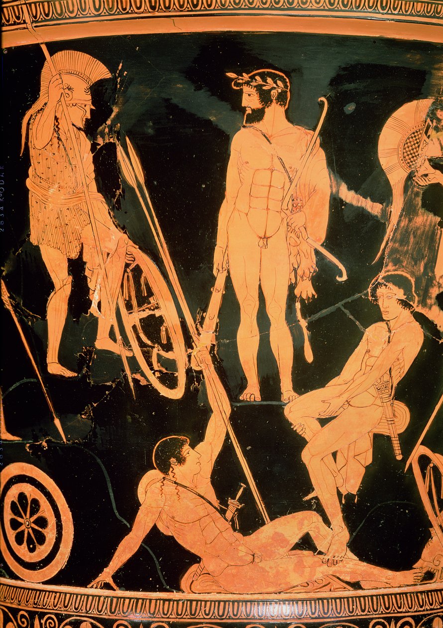 Herakles en Griekse helden, detail van een Attische roodfigurige calyx-krater, ca. 490 v.Chr. door Niobid Painter