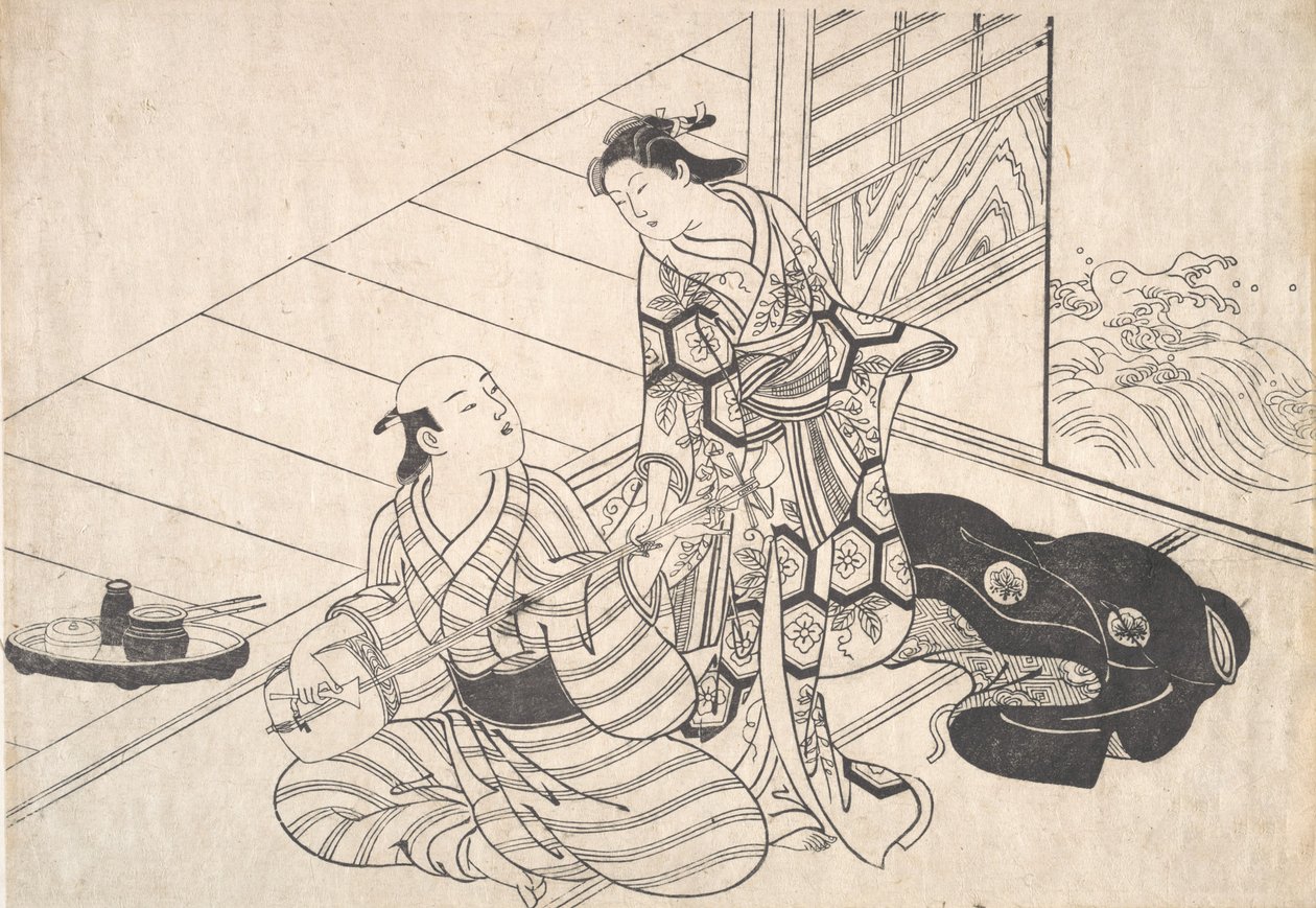 Dame die haar minnaar onderbreekt, die de shamisen speelt door Nishikawa Sukenobu
