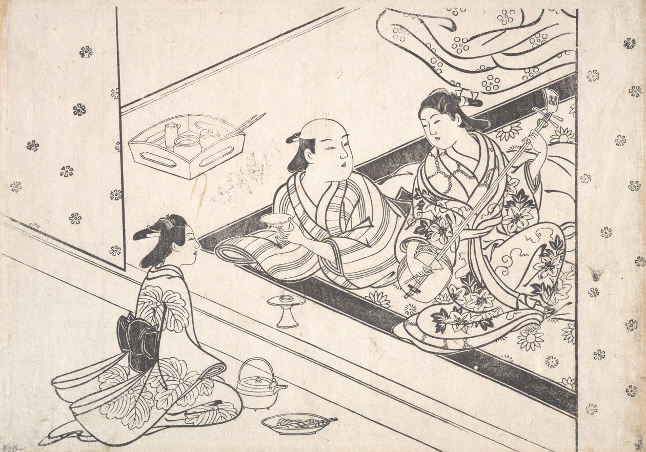 Dame speelt Shamisen, met haar minnaar en bediende in de buurt door Nishikawa Sukenobu