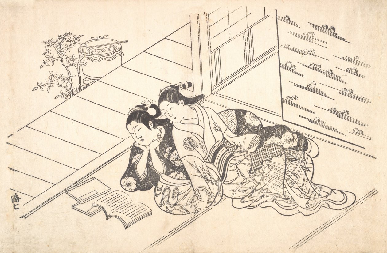 Twee vrouwen liggend op de vloer van een kamer en een boek lezend door Nishikawa Sukenobu